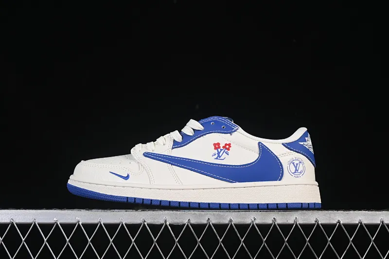 All categories Air Jordan Jordan series basketball shoes Air Jordan 1 Low High-end customized low-top sneakers Travis Scott x Fragment Design x Air Jordan 1 Low OG SP AJ1 Joe 1 LV joint name white and blue floral decoration low-top cultural and casual sneakers LD2028-042